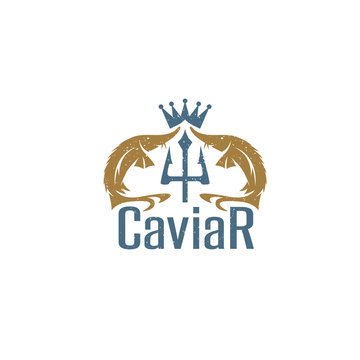 caviar grunge vector emblem with sturgeons , crown and trident