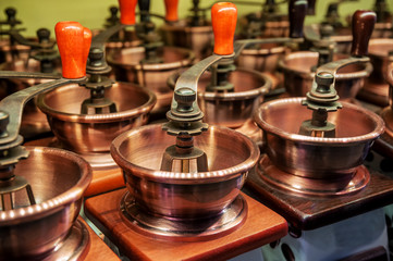 row of coffee grinders