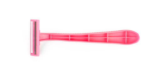 Pink disposable razor. On white, isolated background. Top view. Flat lay.