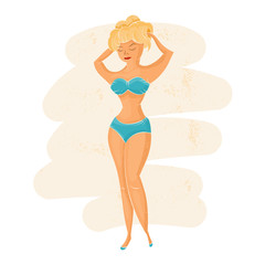 Illustration of beauty woman standing in swimsuit in retro style