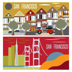 San Francisco landmarks horizontal flat design vector banners