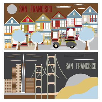 San Francisco landmarks horizontal flat design vector banners