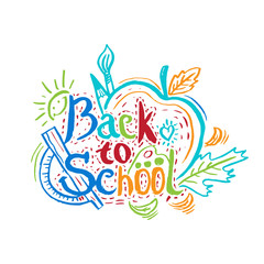 Hand drawing greeting card "Back to School" with apple,leaf,penc