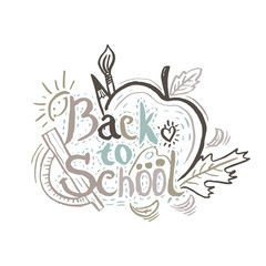 Hand drawing greeting card "Back to School" with apple,leaf,penc