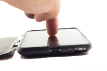 Hand touching screen on modern mobile smart phone
