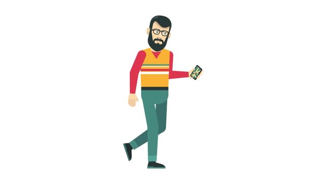 Bearded hipster with glasses walking and hold a phone navigator in hand. Looped animation with alpha channel - can be imposed on any background