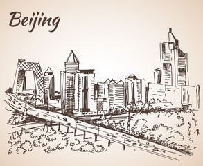 Naklejka premium Beijing skyscraper. Sketch.