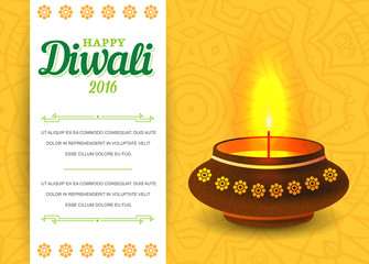 Card design of traditional Indian festival Diwali with lamp. Vec