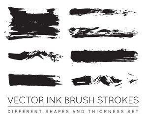 Set of Vector Black Pen Ink Brush Strokes. Grunge Ink Brush Stro