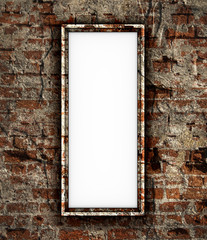 Vintage blank picture frame on a brick wall. 3D rendering