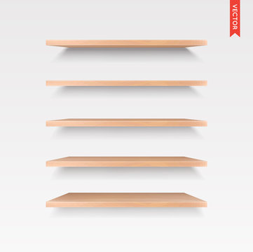 Set of Wood Shelves Vector Isolated on the Wall Background