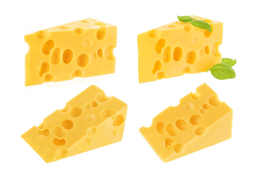 Triangle piece of swiss cheese with holes isolated on white, chunk cutout