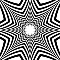 Black and White Striped Stars Expanding from the Center. Optical Effect of Depth and Volume.Polygonal Geometric Abstract Background.  Vector Illustration.