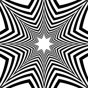 Black and White Striped Stars Expanding from the Center. Optical Effect of Depth and Volume.Polygonal Geometric Abstract Background.  Vector Illustration.