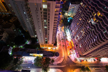 Top View of Street with Palm Trees of city, night scene