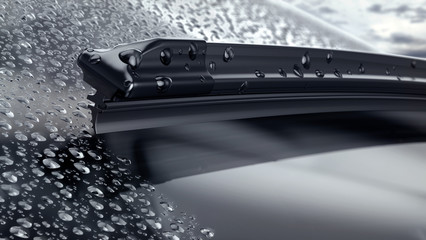 Car windshield with rain drops and frameless wiper blade closeup. 3d render - obrazy, fototapety, plakaty
