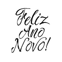 Happy New Year Stroke Calligraphy. Greeting Card Black Typography on White Background.