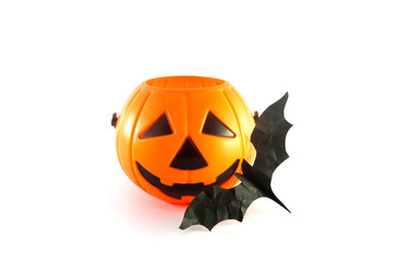 orange halloween bucket and bat