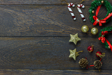 Top view Chrismas decoration and ornament on wooden background w