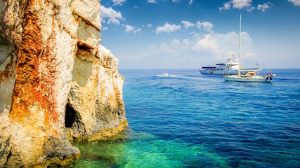 Blue caves on Zakynthos island, Greece. Famous blue caves view on Zante