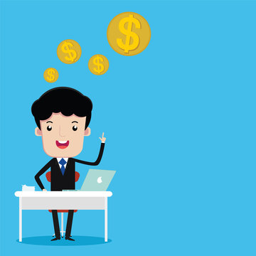 Businessman sitting at the desk work and growing money, vector cartoon