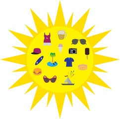 Set of icons on summer sun background