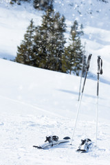 skis on the snow in the mountains