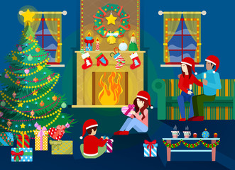Merry Christmas Eve. Happy Family in Home Interior with Christmas Tree, Fireplace and Gifts. Vector Background