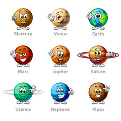 Naklejka premium Funny cartoon planets icons vector set