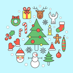 Christmas and Happy New Year 2017 Thin Line Vector Icons Set with Santa Claus, Reindeer and Christmas Tree