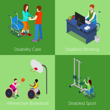 Isometric Disabled People. Disability Care, Disabled Working, Wheelchair Basketball, Disabled Sport. Vector 3d flat illustration