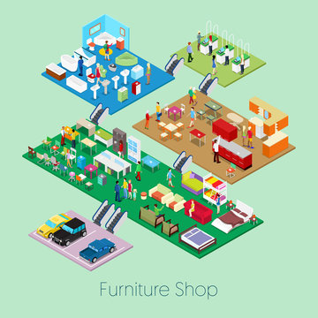 Isometric Furniture Shop Inside with Kitchen, Bathroom and Living Room Furniture. Vector 3d flat illustration