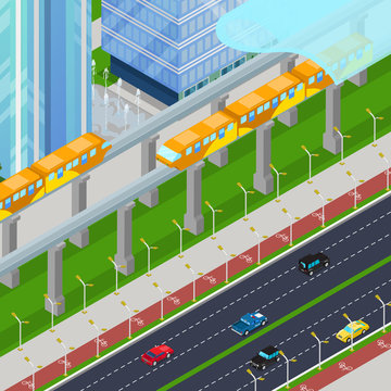 Isometric Monorail Railway Train in Modern City with Skyscrapers. Vector 3d flat illustration