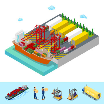 Isometric Sea Cargo Port with Freight Container Ship and Trucks. Flat 3d Vector illustration