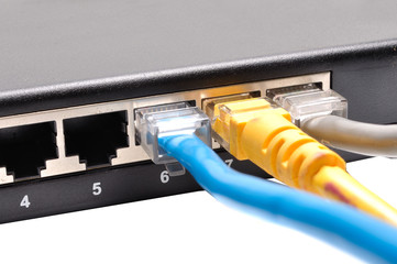 Close up of network cables connected to switch