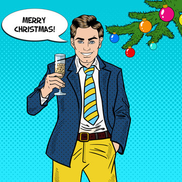 Pop Art Businessman with Champagne Glass on Merry Christmas Celebration Party. Vector illustration