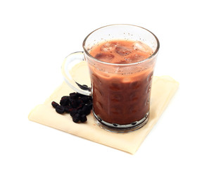 Iced Coffee with beans on handkerchief isolated on white background