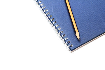blue book diary and pencil isolate on white background