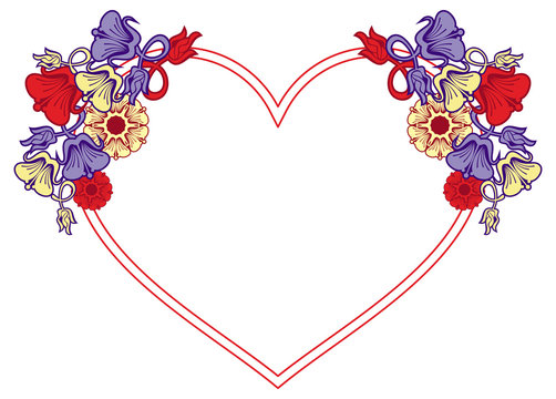 Heart-shaped frame with decorative flowers. Design element for advertisements, flyer, web, wedding, invitations and greeting cards. Vector clip art.