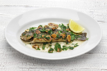 trout meuniere amandine, rainbow trout with brown butter and almonds