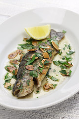 trout meuniere amandine, rainbow trout with brown butter and almonds