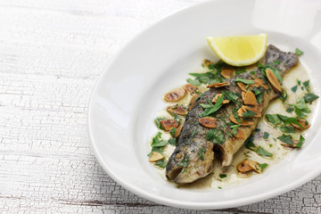 trout meuniere amandine, rainbow trout with brown butter and almonds