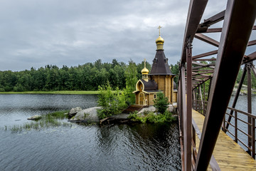 View of the Church of St. Andrew on the island on the lake Vuoks