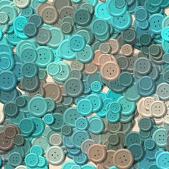 a lot of blue multi colored vintage clothing plastic buttons randomly scattered on the background - top view