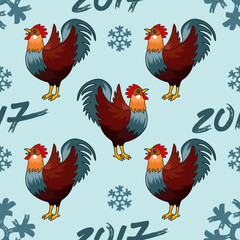 Seamless pattern Illustration for happy new year 2017 red rooster cock. Vector element of design logo, card, poster, clothing, postcard, calendar and invitation with rooster 2017.