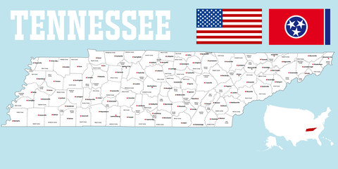 A large and detailed map of the State of Tennessee with all counties and county seats