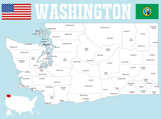 A large and detailed map of the State of Washington with all counties and county seats