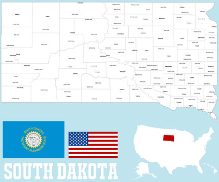 A large and detailed map of the State of South Dakota with all counties and county seats