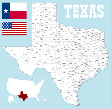 A Large And Detailed Map Of The State Of Texas With All Counties And County Seats