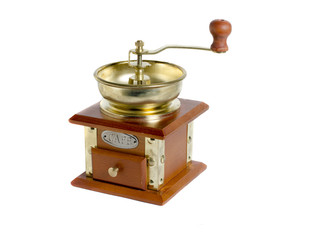 Wooden coffee grinder with handle isolated on white background